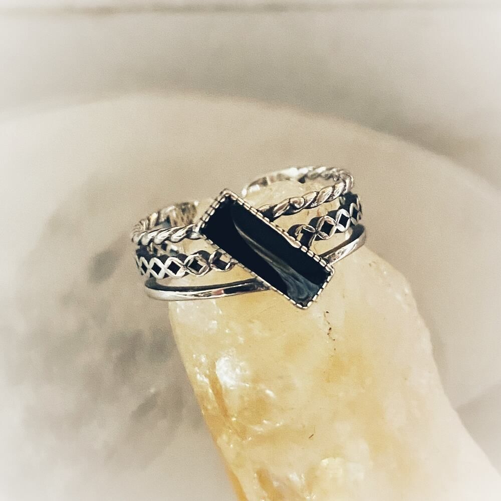 925 Sterling Silver black Rectangle Vintage Ring-Adjustable
